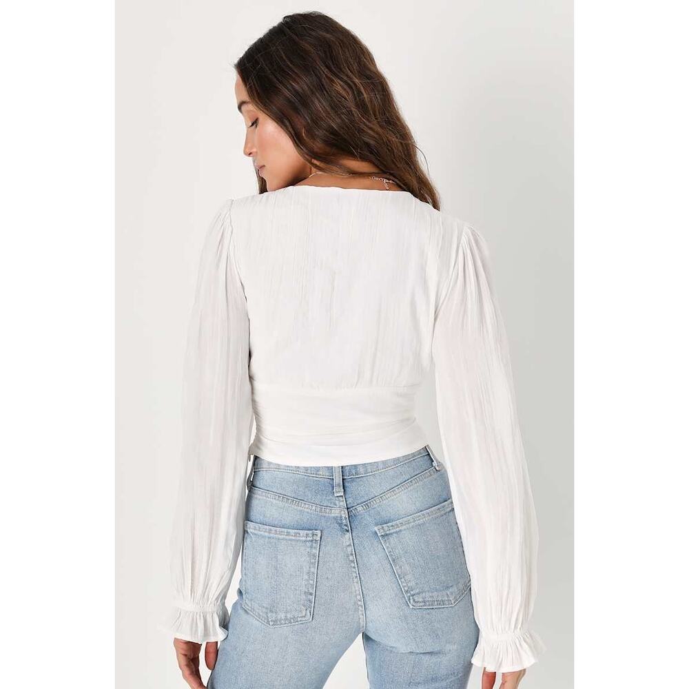 Lulu's White Bring the Pleat White Pleated Long Sleeve Cropped Top - Medium - Picture 6 of 9